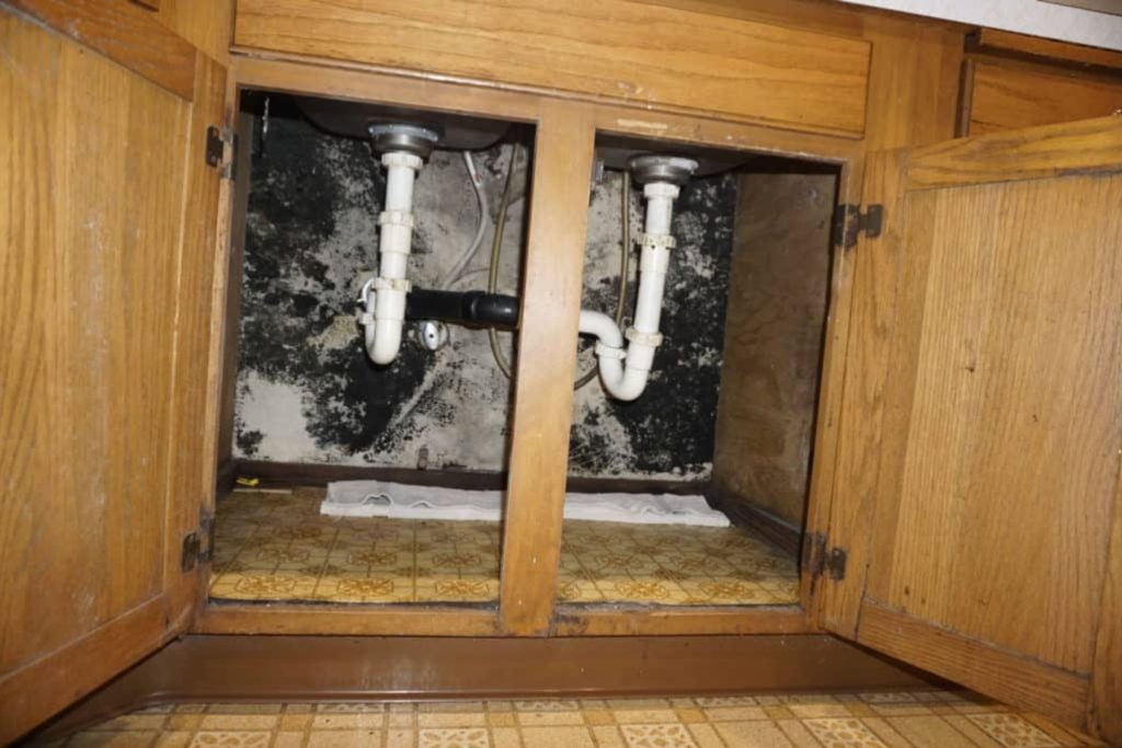 Kitchen sink and pipes, illustrating a basement mold removal service based in Joliet, IL.